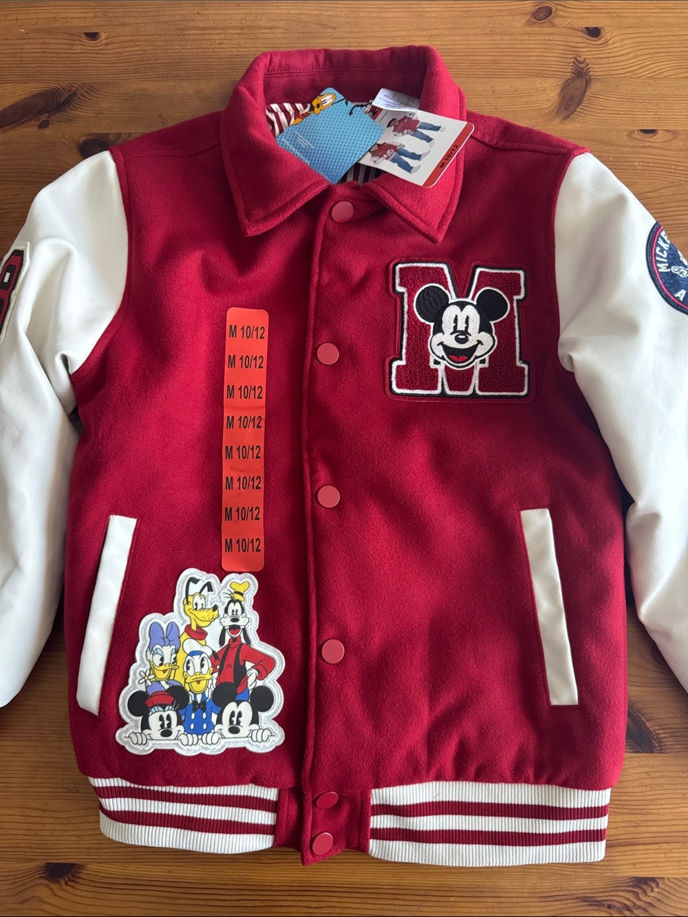 Disney Red and White Mickey Mouse Youth Varsity Jacket with Embroidery Patches